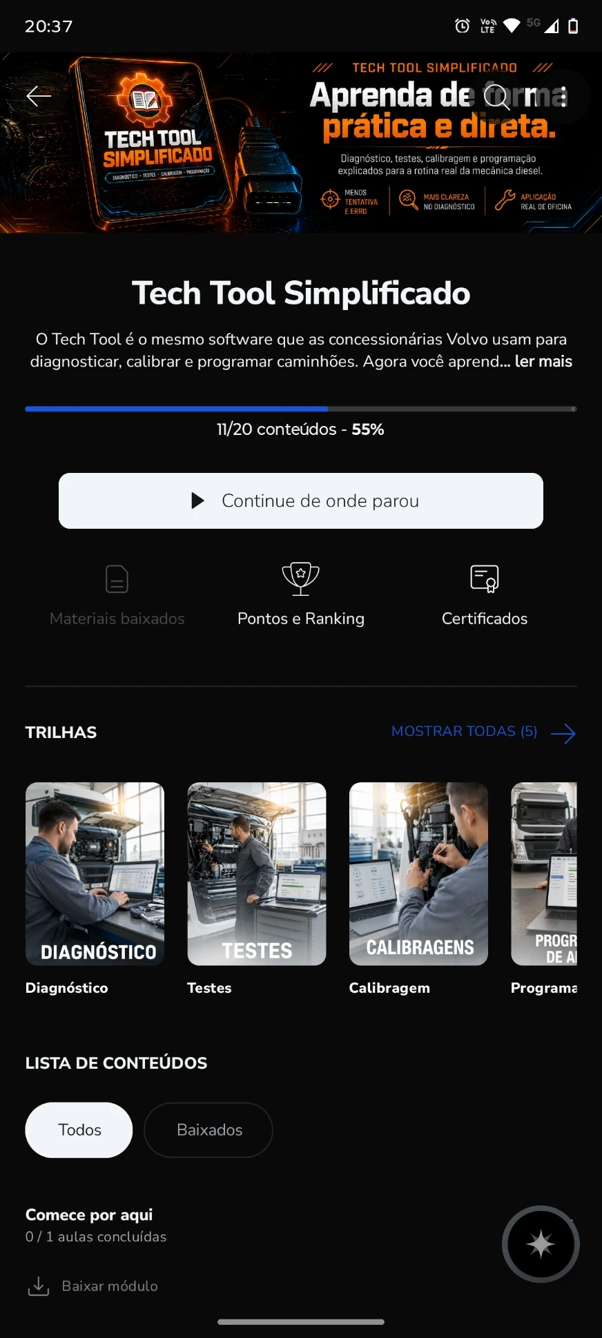Curso no aplicativo, com as 5 trilhas